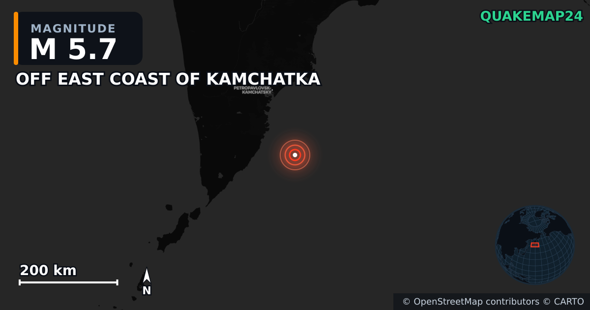 M5.7 earthquake near OFF EAST COAST OF KAMCHATKA on Jul 30, 2025 — map of epicenter and shaking intensity | QuakeMap24