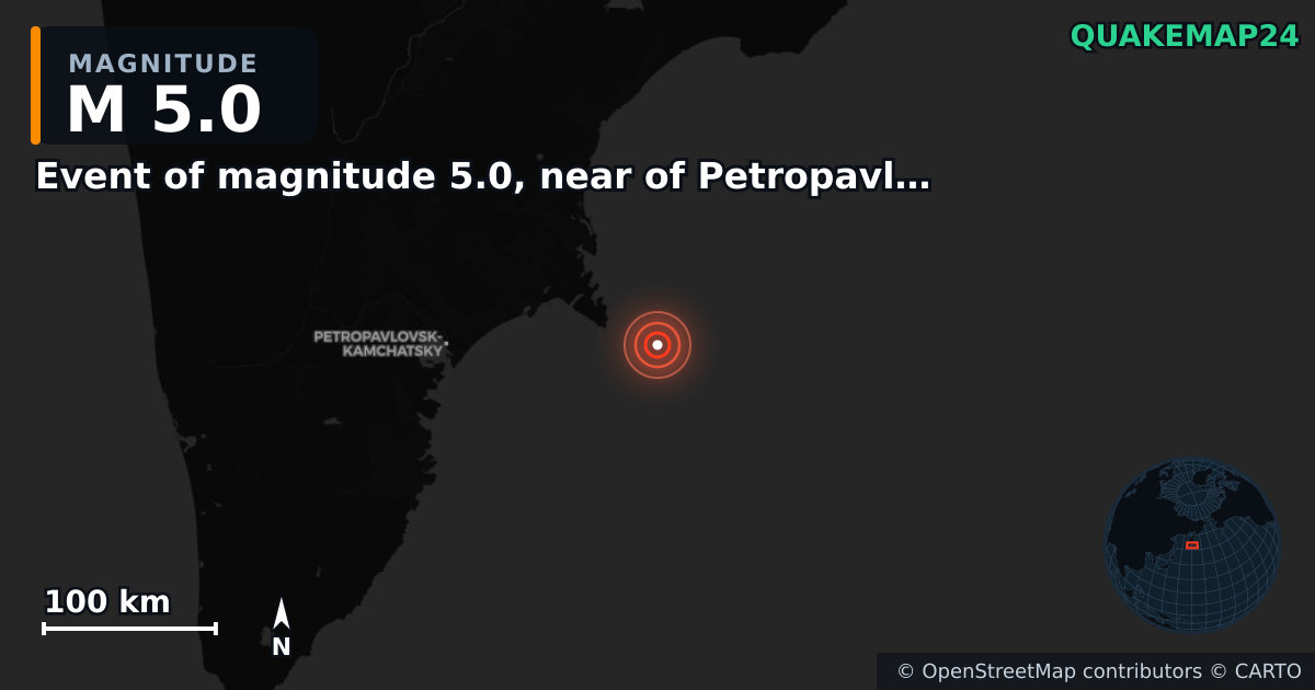 M5.0 earthquake near Event of magnitude 5.0, near of Petropavlovsk Kamchatskiy (Monde) on Sep 18, 2025 — map of epicenter and shaking intensity | QuakeMap24