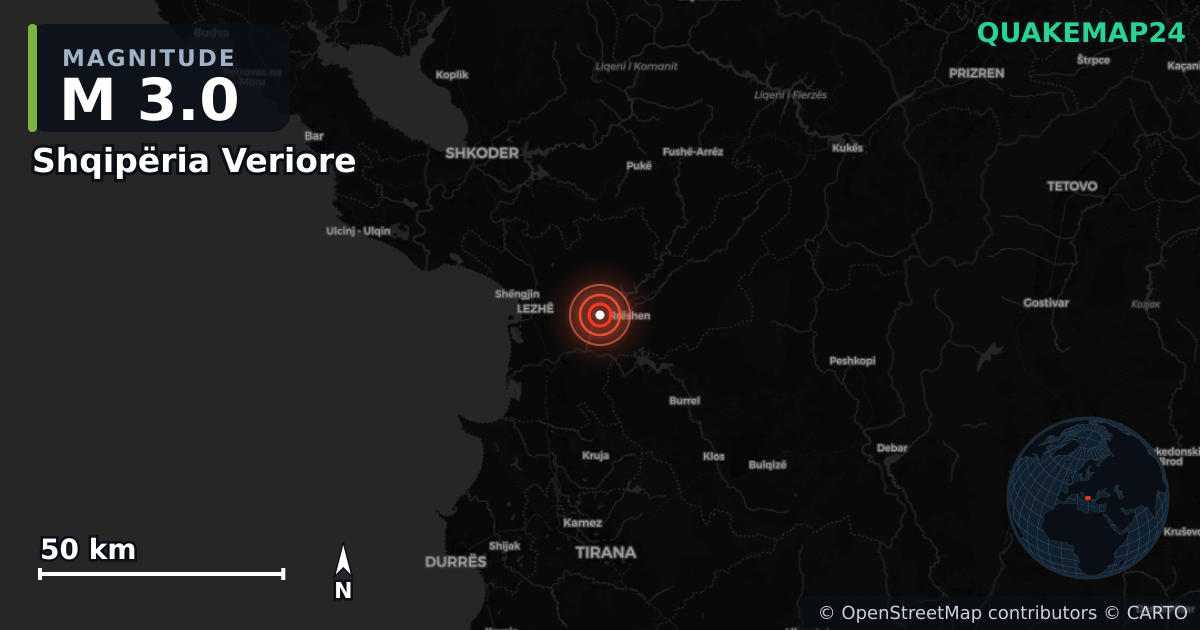 M3.0 earthquake near Shqipëria Veriore on Oct 11, 2025 — map of epicenter and shaking intensity | QuakeMap24