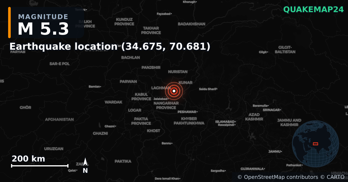 M5.3 earthquake near Earthquake location (34.675, 70.681) on Sep 2, 2025 — map of epicenter and shaking intensity | QuakeMap24