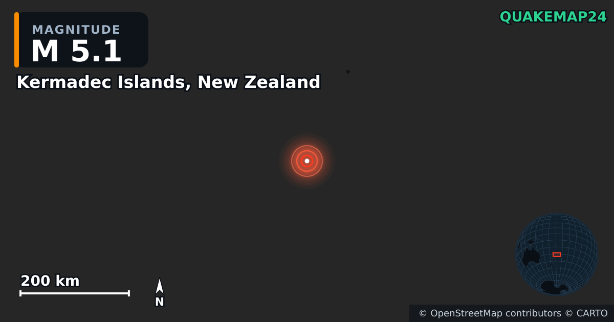M5.1 earthquake near Kermadec Islands, New Zealand on May 21, 2025 — map of epicenter and shaking intensity | QuakeMap24