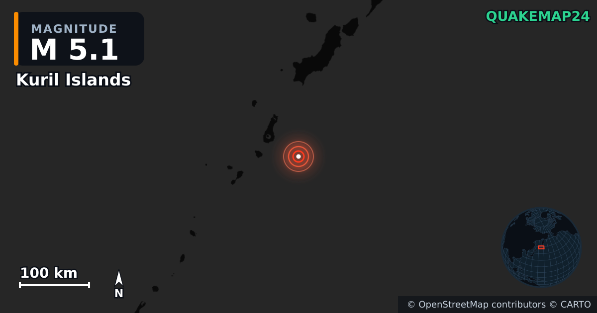 M5.1 earthquake near Kuril Islands on Aug 3, 2025 — map of epicenter and shaking intensity | QuakeMap24