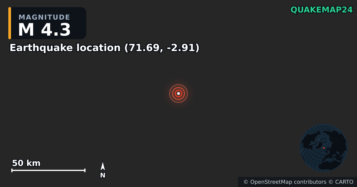 M4.3 earthquake near Earthquake location (71.69, -2.91) on Feb 25, 2025 — map of epicenter and shaking intensity | QuakeMap24