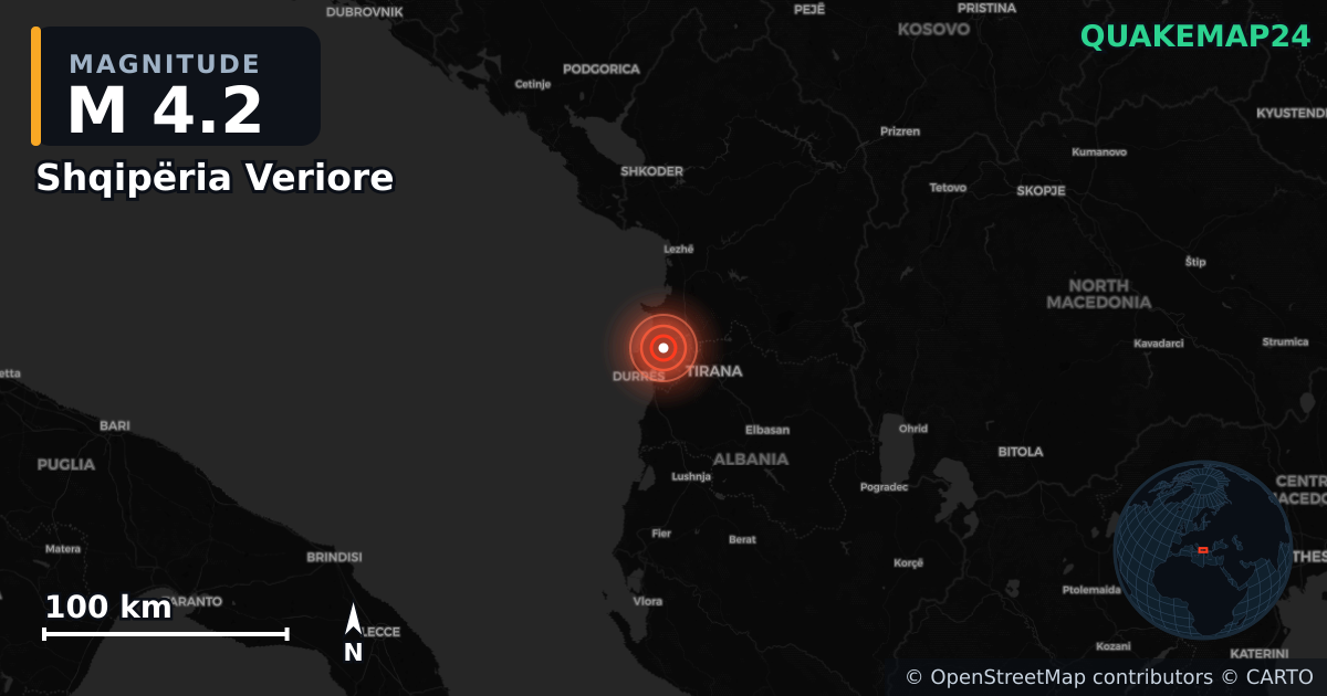 M4.2 earthquake near Shqipëria Veriore on Jun 24, 2025 — map of epicenter and shaking intensity | QuakeMap24