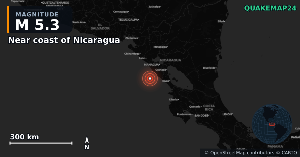 M5.3 earthquake near Near coast of Nicaragua on Mar 30, 2026 — map of epicenter and shaking intensity | QuakeMap24