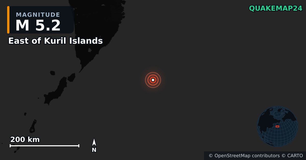M5.2 earthquake near East of Kuril Islands on Jan 27, 2026 — map of epicenter and shaking intensity | QuakeMap24