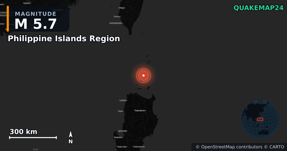 M5.7 earthquake near Philippine Islands Region on Jul 20, 2025 — map of epicenter and shaking intensity | QuakeMap24