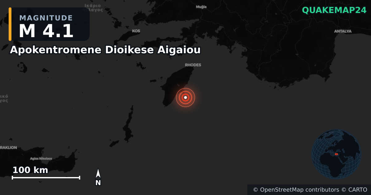 M4.1 earthquake near Apokentromene Dioikese Aigaiou on May 18, 2025 — map of epicenter and shaking intensity | QuakeMap24