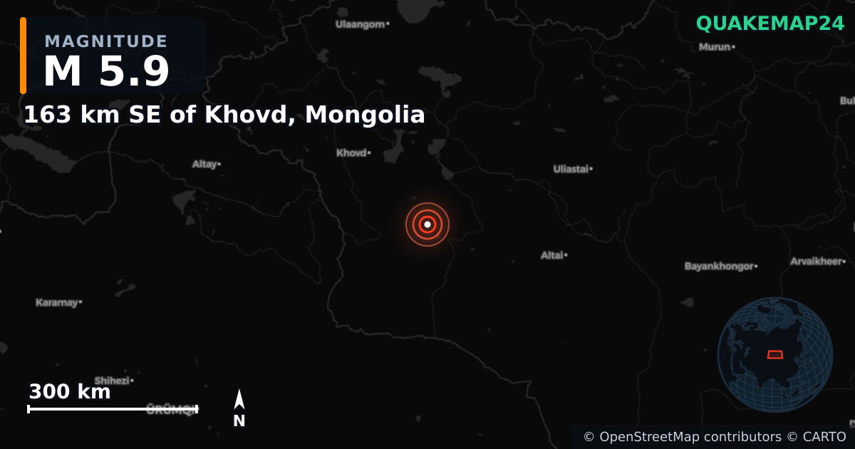 M5.9 earthquake near 163 km SE of Khovd, Mongolia on Apr 26, 2026 — map of epicenter and shaking intensity | QuakeMap24