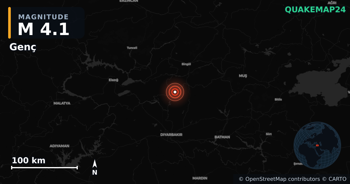 M4.1 earthquake near Genç on Oct 26, 2025 — map of epicenter and shaking intensity | QuakeMap24