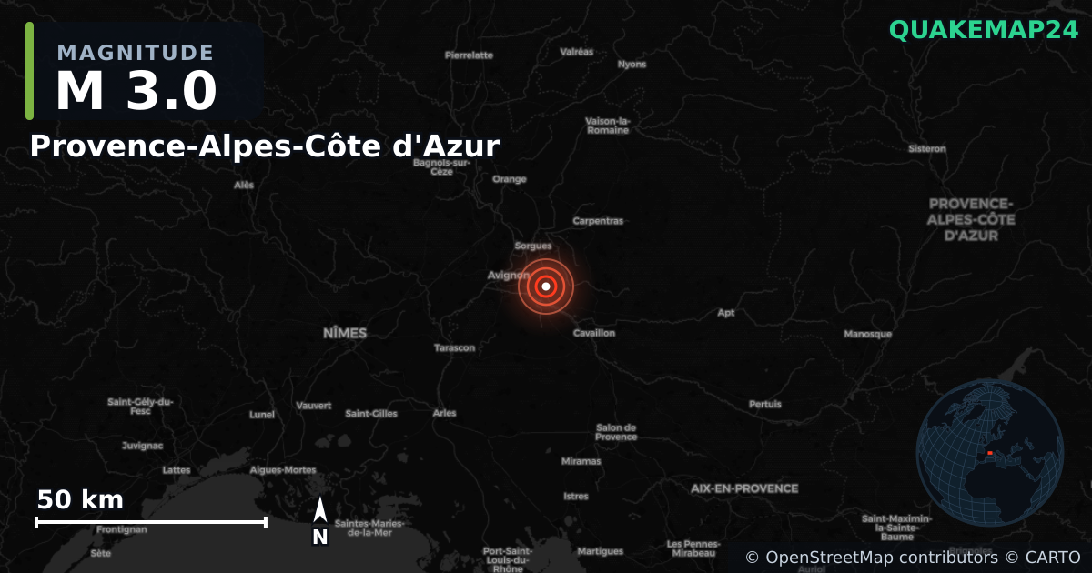 M3.0 earthquake near Provence-Alpes-Côte d'Azur on May 13, 2025 — map of epicenter and shaking intensity | QuakeMap24