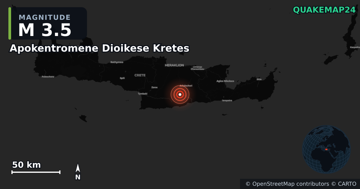 M3.5 earthquake near Apokentromene Dioikese Kretes on May 30, 2025 — map of epicenter and shaking intensity | QuakeMap24