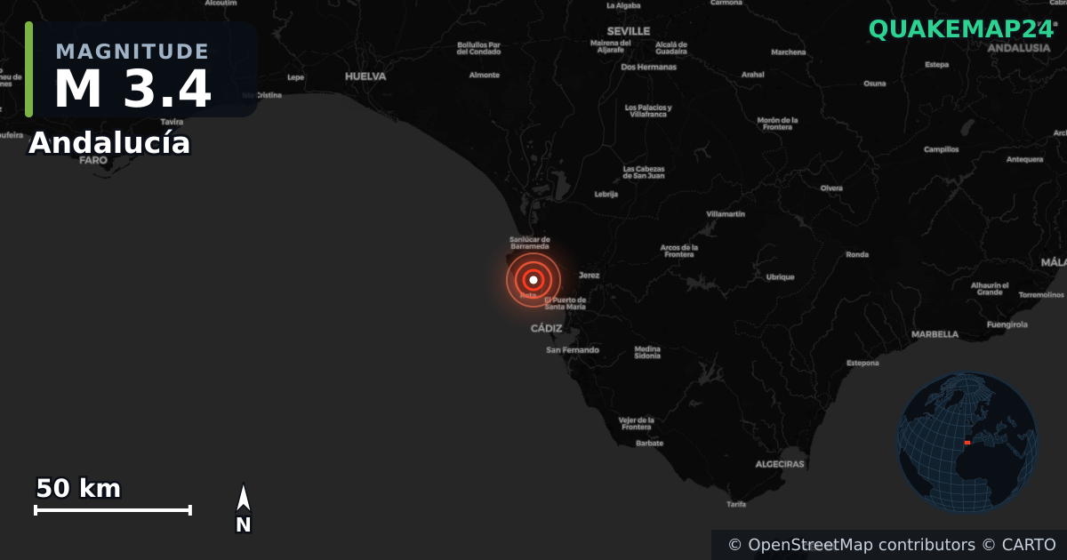 M3.4 earthquake near Andalucía on Aug 22, 2025 — map of epicenter and shaking intensity | QuakeMap24