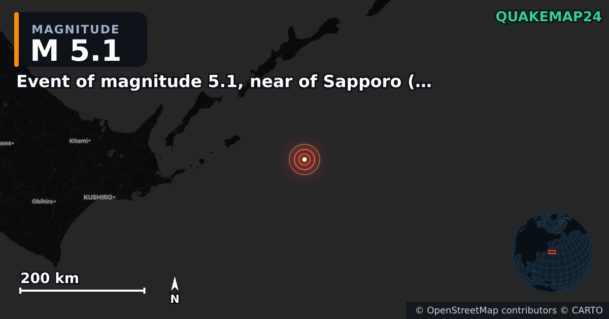 M5.1 earthquake near Event of magnitude 5.1, near of Sapporo (Monde) on Dec 24, 2025 — map of epicenter and shaking intensity | QuakeMap24