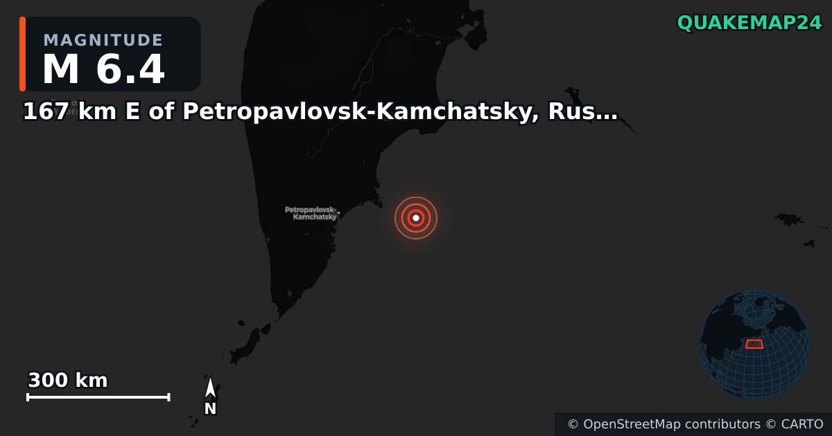 M6.4 earthquake near 167 km E of Petropavlovsk-Kamchatsky, Russia on Jul 24, 2025 — map of epicenter and shaking intensity | QuakeMap24