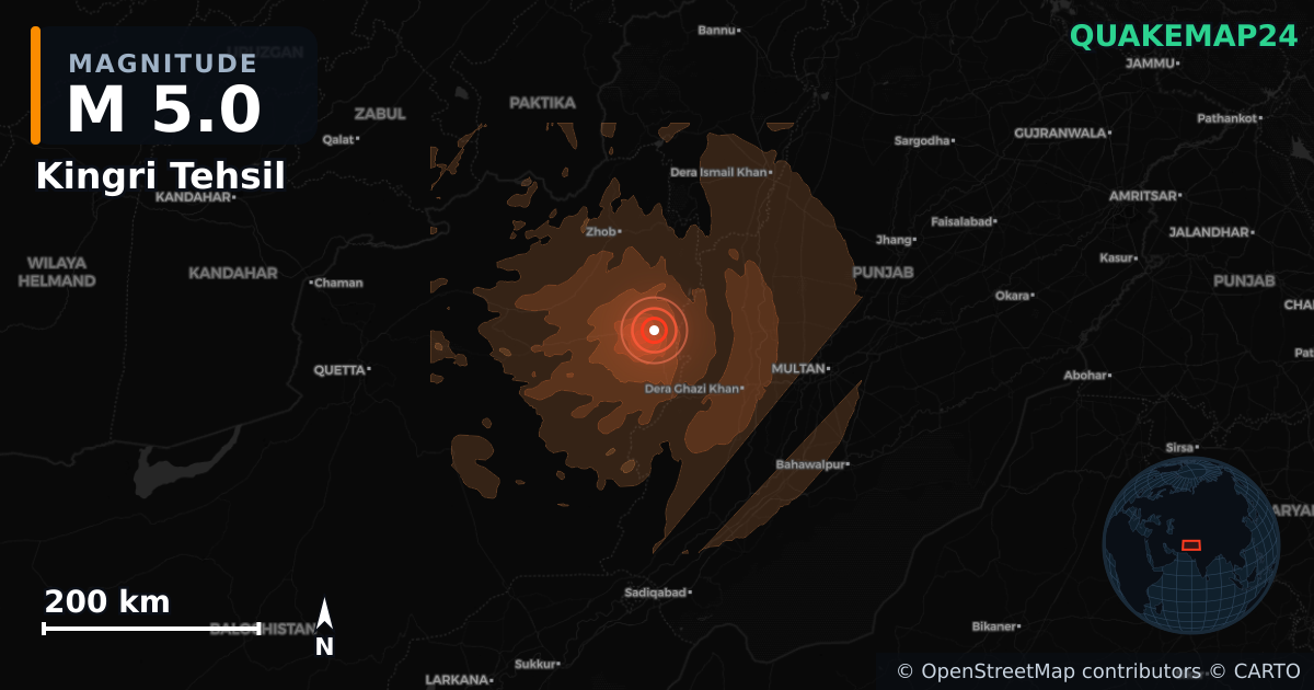 M5.0 earthquake near Kingri Tehsil on Jun 27, 2026 — map of epicenter and shaking intensity | QuakeMap24