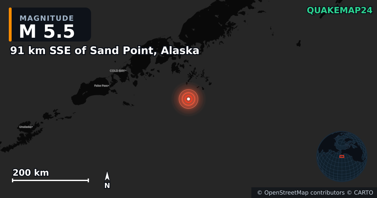 M5.5 earthquake near 91 km SSE of Sand Point, Alaska on Jul 17, 2025 — map of epicenter and shaking intensity | QuakeMap24