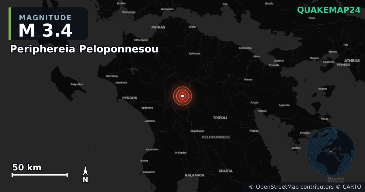 M3.4 earthquake near Periphereia Peloponnesou on Dec 14, 2025 — map of epicenter and shaking intensity | QuakeMap24
