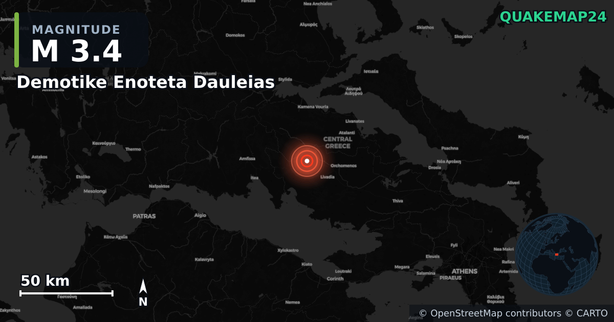 M3.4 earthquake near Demotike Enoteta Dauleias on Dec 8, 2025 — map of epicenter and shaking intensity | QuakeMap24