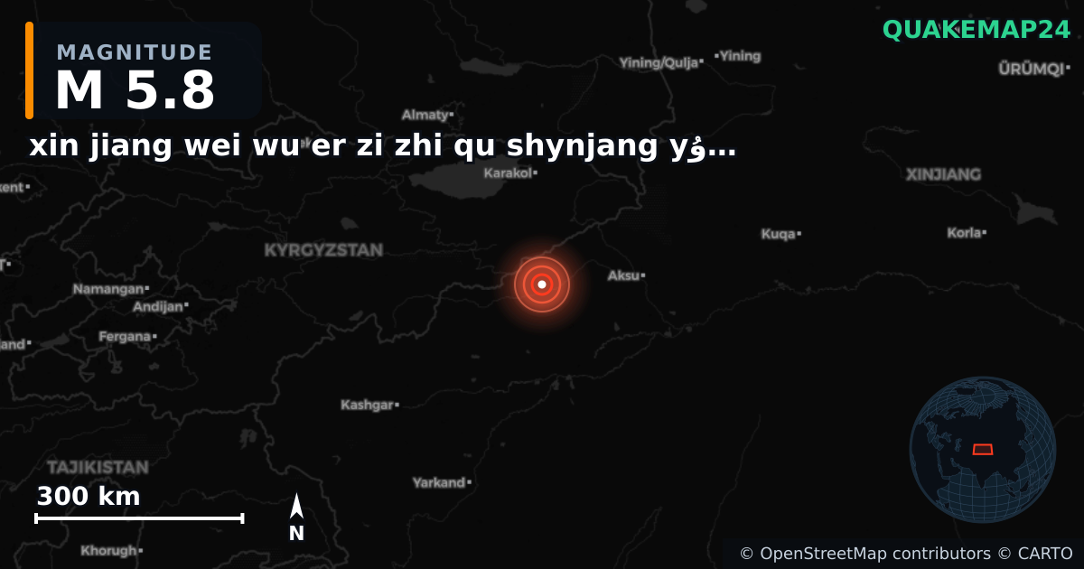 M5.8 earthquake near xin jiang wei wu er zi zhi qu shynjang yۇyghۇr yaptwnwm raywny on Dec 4, 2025 — map of epicenter and shaking intensity | QuakeMap24