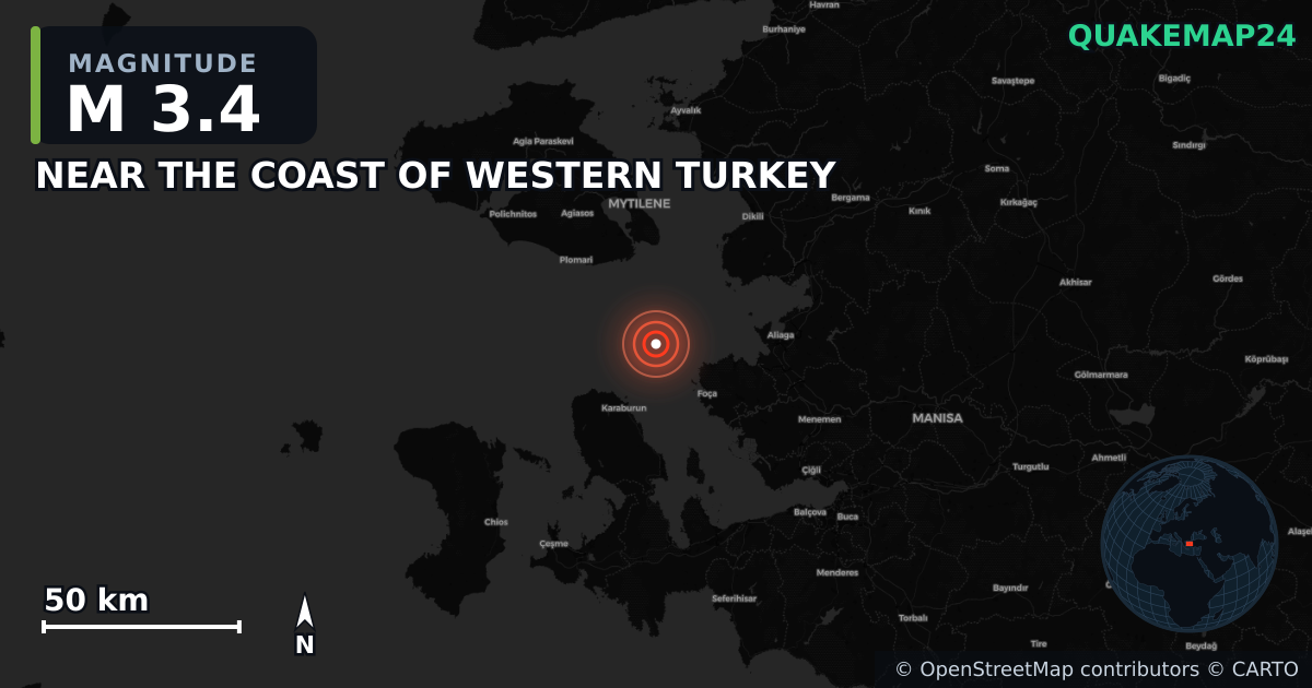M3.4 earthquake near NEAR THE COAST OF WESTERN TURKEY on Aug 12, 2026 — map of epicenter and shaking intensity | QuakeMap24