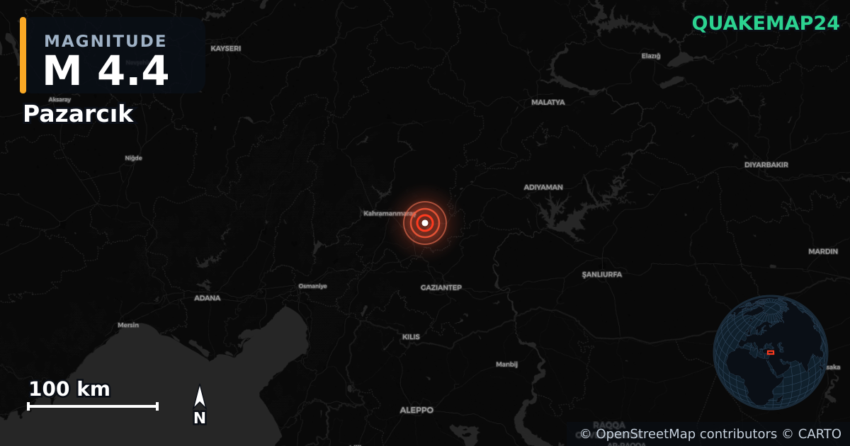 Erdbeben M4,4 bei Pazarcık, Kahramanmaraş (Türkei) · 2026-06-03 — Karte der Lage des Epizentrums