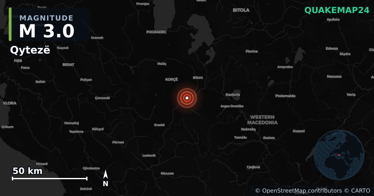 M3.0 earthquake near Qytezë on Aug 16, 2026 — map of epicenter and shaking intensity | QuakeMap24
