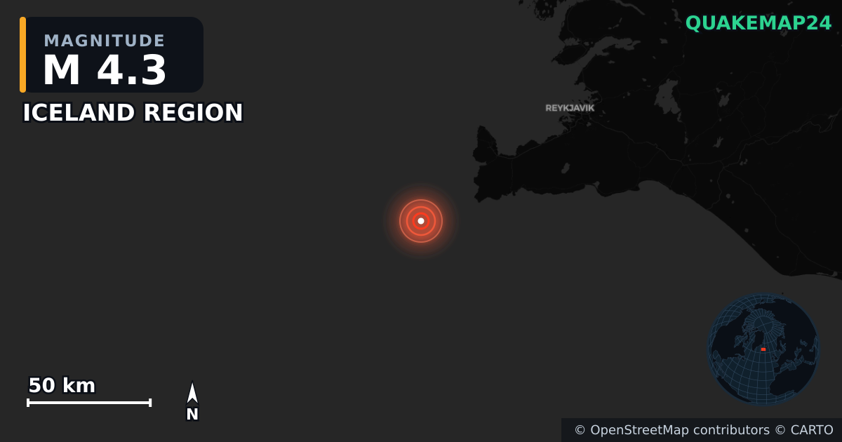 M4.3 earthquake near ICELAND REGION on May 24, 2025 — map of epicenter and shaking intensity | QuakeMap24