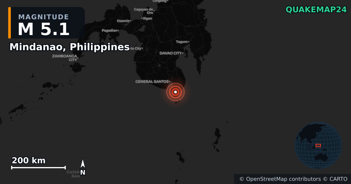 M5.1 earthquake near Mindanao, Philippines on Jun 8, 2026 — map of epicenter and shaking intensity | QuakeMap24