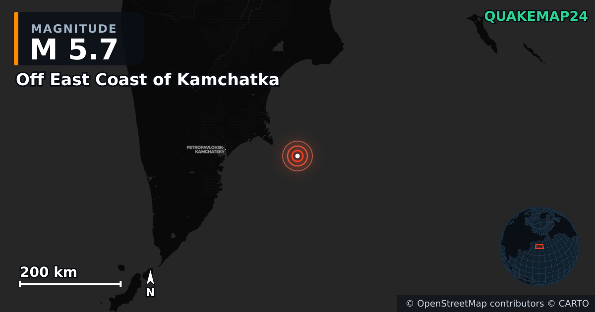 M5.7 earthquake near Off East Coast of Kamchatka on Sep 18, 2025 — map of epicenter and shaking intensity | QuakeMap24
