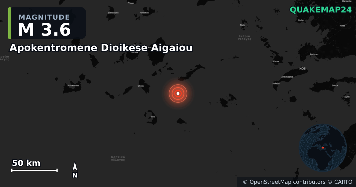 M3.6 earthquake near Apokentromene Dioikese Aigaiou on Jul 27, 2025 — map of epicenter and shaking intensity | QuakeMap24