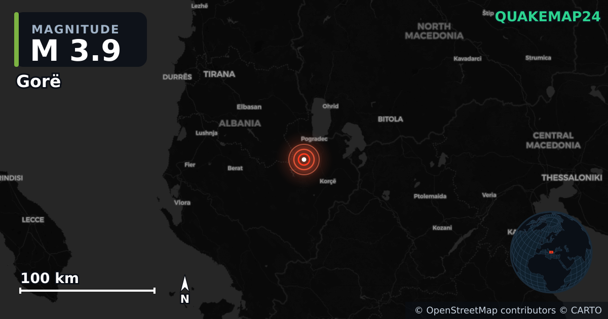 M3.9 earthquake near Gorë on Feb 5, 2026 — map of epicenter and shaking intensity | QuakeMap24