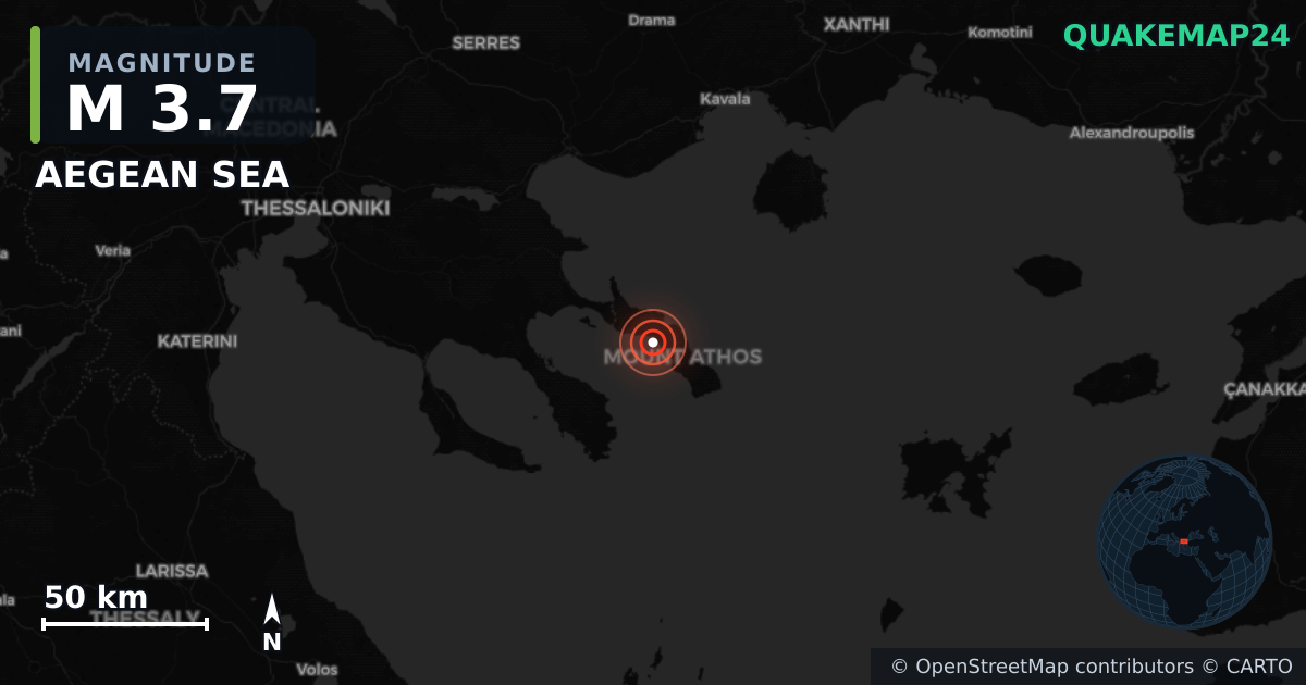M3.7 earthquake near AEGEAN SEA on Jun 10, 2025 — map of epicenter and shaking intensity | QuakeMap24