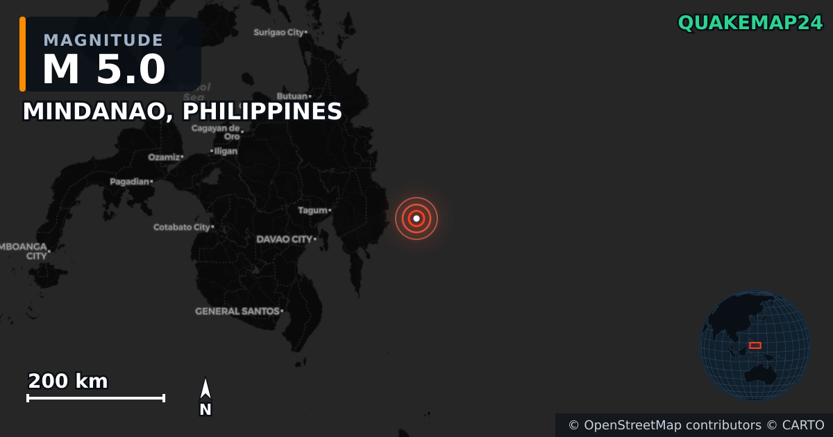 M5.0 earthquake near MINDANAO, PHILIPPINES on Jan 7, 2026 — map of epicenter and shaking intensity | QuakeMap24