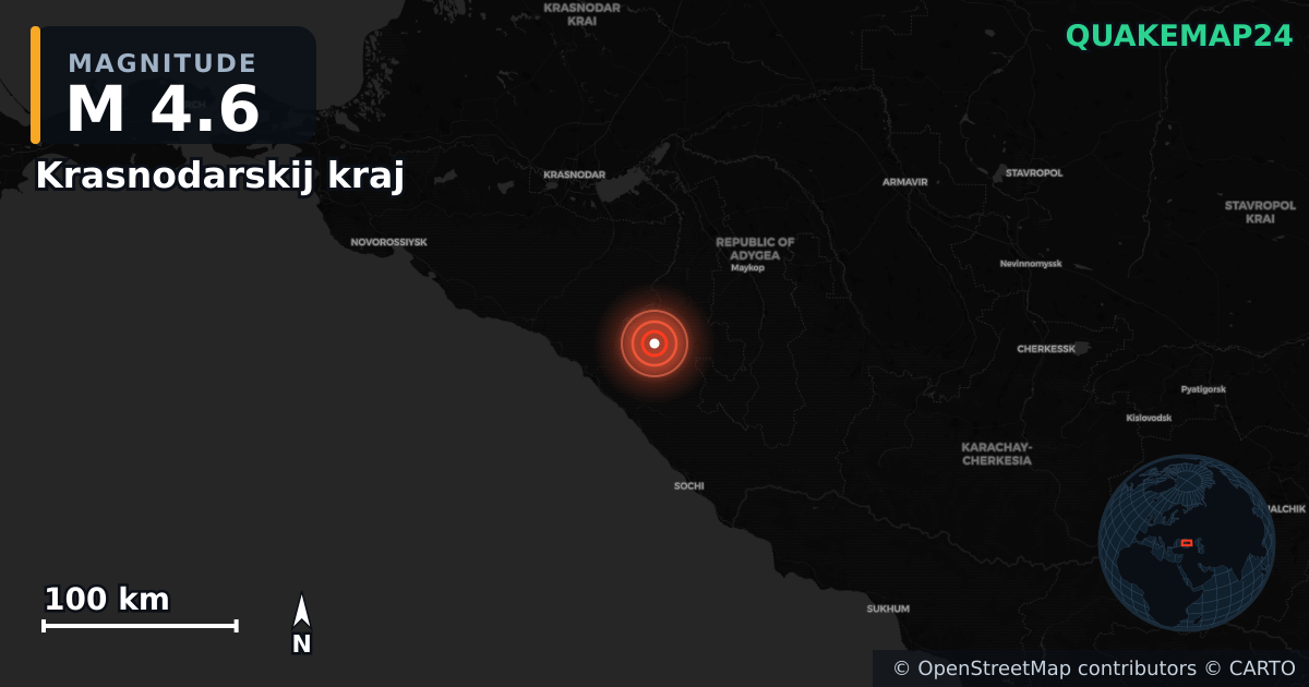 M4.6 earthquake near Krasnodarskij kraj on Sep 9, 2025 — map of epicenter and shaking intensity | QuakeMap24