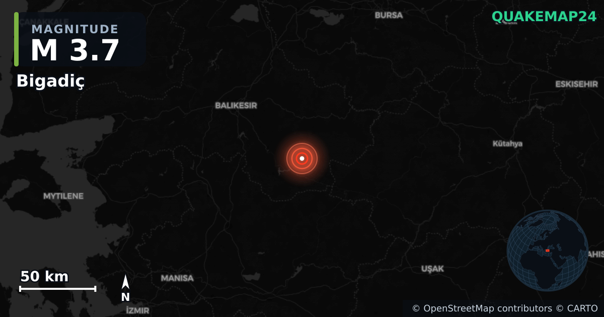 M3.7 earthquake near Bigadiç on Nov 21, 2025 — map of epicenter and shaking intensity | QuakeMap24