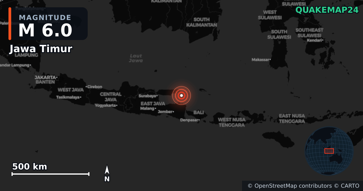 M6.0 earthquake near Jawa Timur on Sep 30, 2025 — map of epicenter and shaking intensity | QuakeMap24