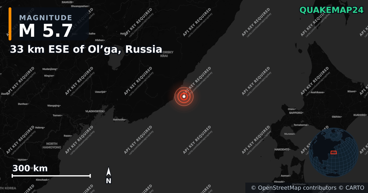 M5.7 earthquake near 33 km ESE of Ol’ga, Russia on Jun 10, 2026 — map of epicenter and shaking intensity | QuakeMap24