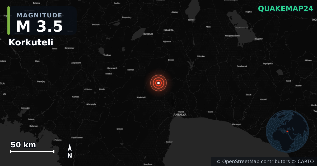 M3.5 earthquake near Korkuteli on Jul 22, 2026 — map of epicenter and shaking intensity | QuakeMap24