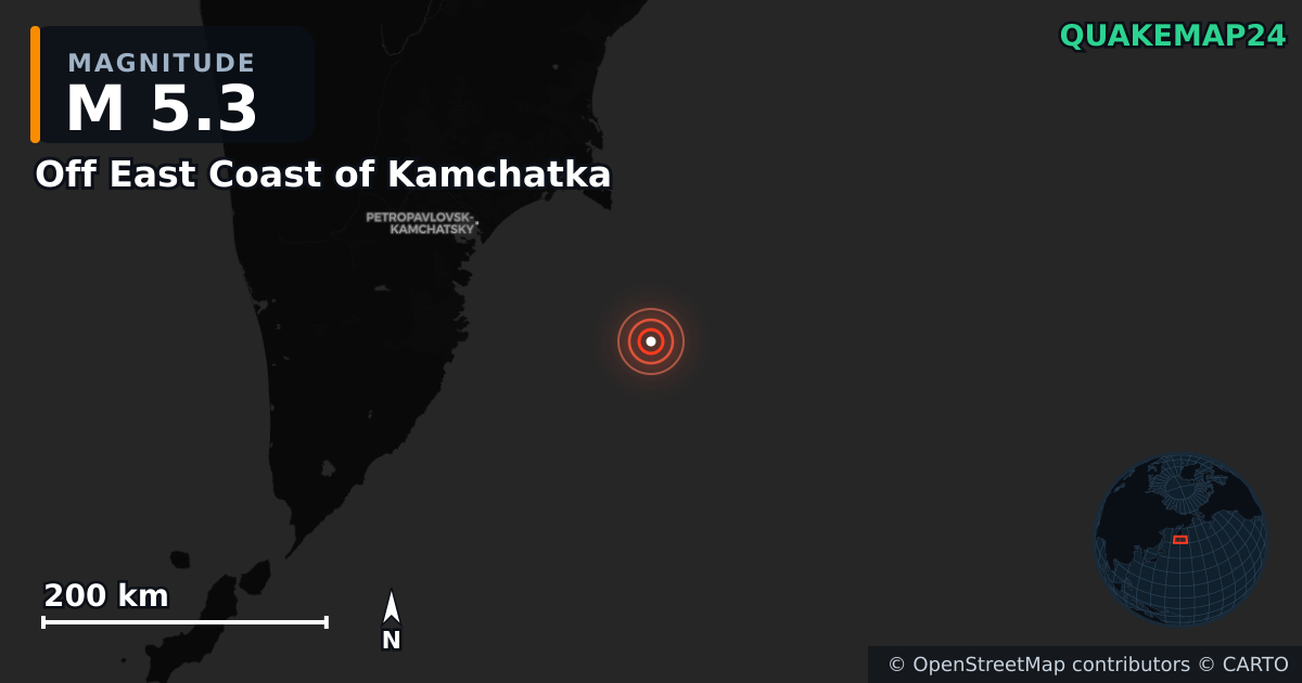M5.3 earthquake near Off East Coast of Kamchatka on Sep 7, 2025 — map of epicenter and shaking intensity | QuakeMap24