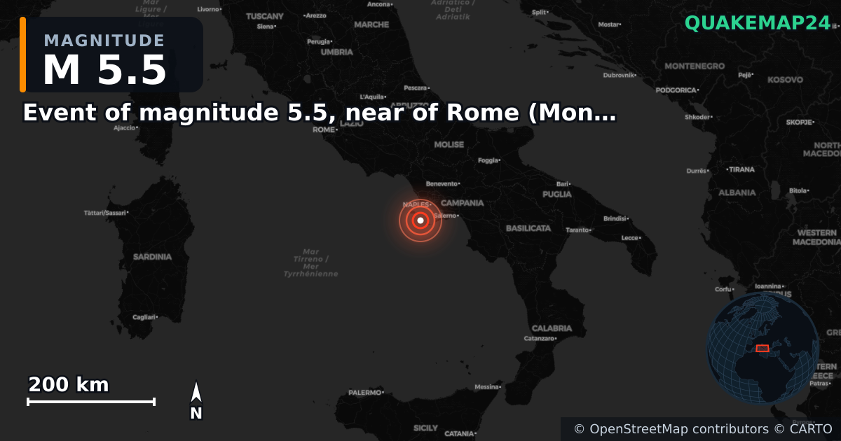 M5.4 earthquake near Tyrrhenian Sea on Mar 9, 2026 — map of epicenter and shaking intensity | QuakeMap24