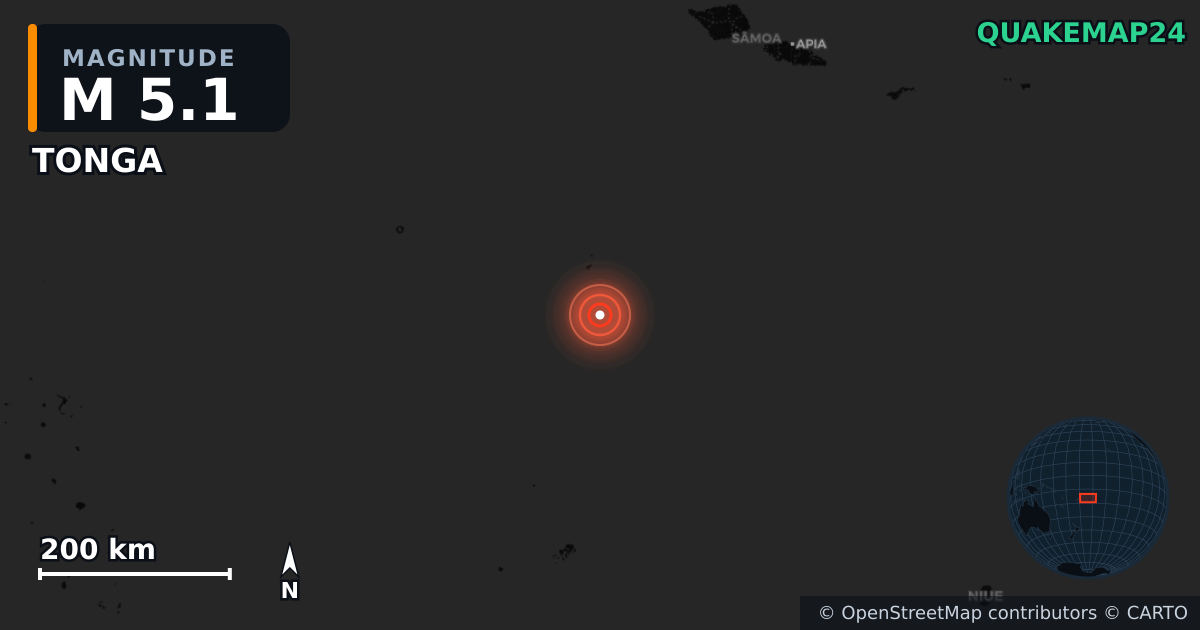 M5.1 earthquake near TONGA on Mar 29, 2026 — map of epicenter and shaking intensity | QuakeMap24