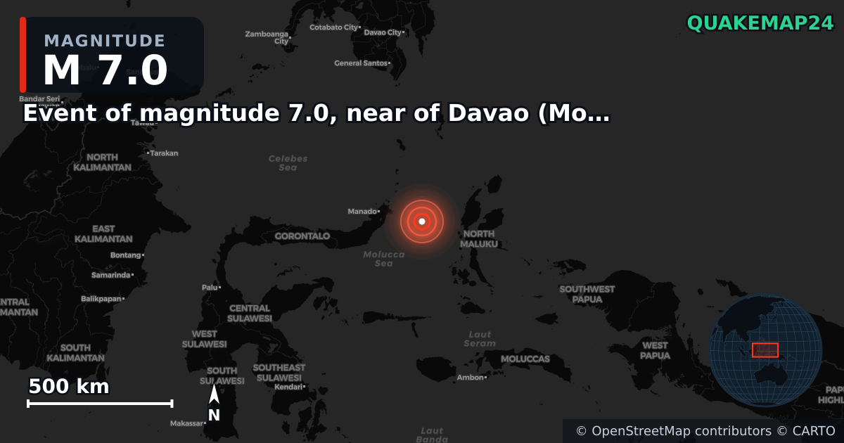 M7.0 earthquake near Event of magnitude 7.0, near of Davao (Monde) on Apr 1, 2026 — map of epicenter and shaking intensity | QuakeMap24
