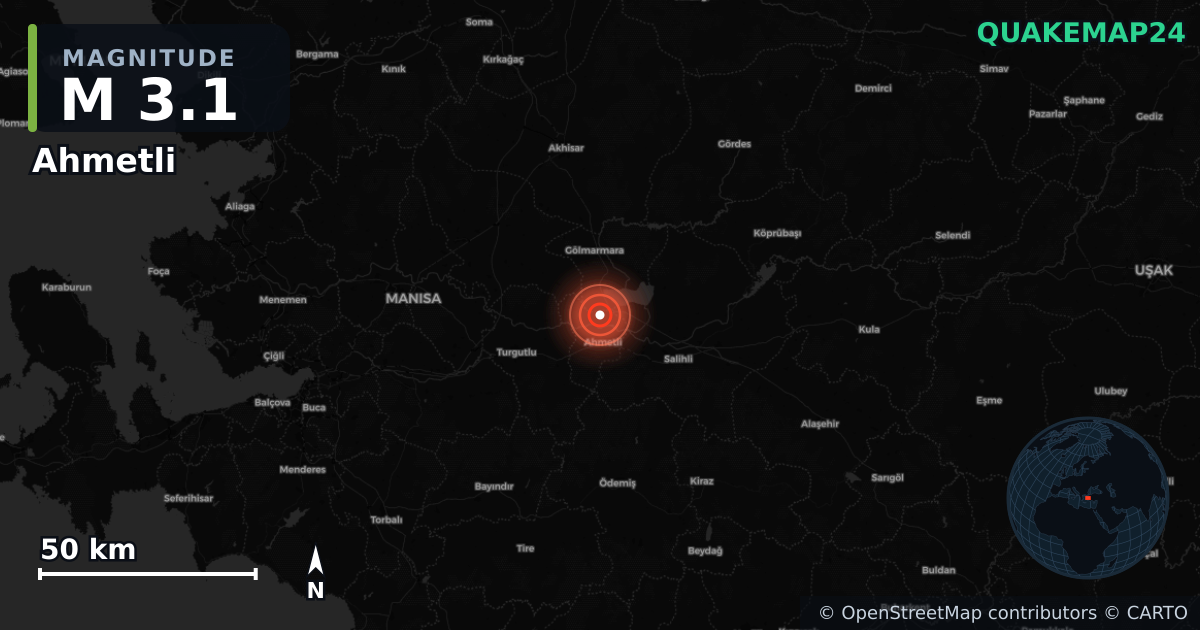 M3.1 earthquake near Ahmetli on Oct 29, 2025 — map of epicenter and shaking intensity | QuakeMap24