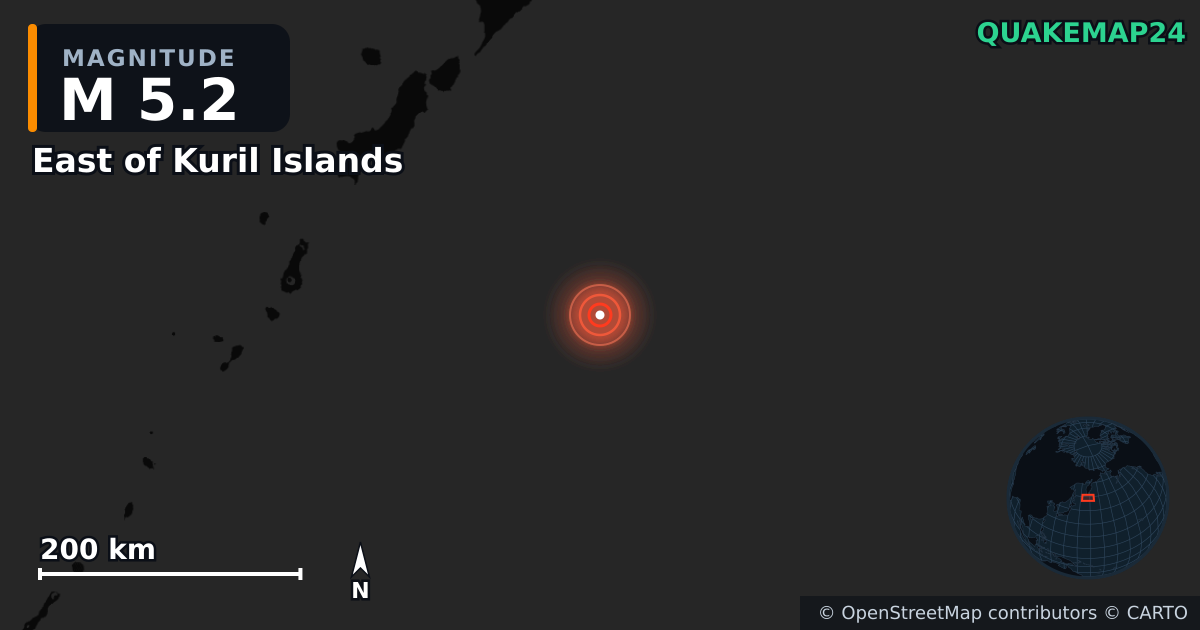 M5.2 earthquake near East of Kuril Islands on Jul 31, 2025 — map of epicenter and shaking intensity | QuakeMap24
