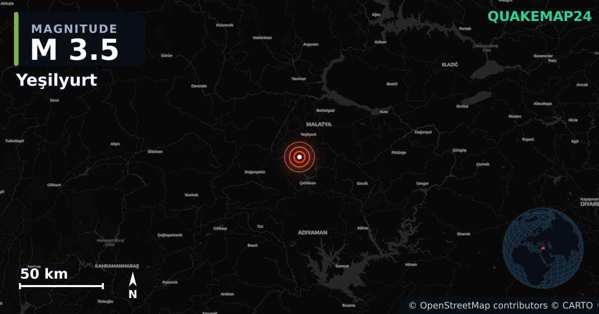 M3.5 earthquake near Yeşilyurt on Aug 13, 2025 — map of epicenter and shaking intensity | QuakeMap24