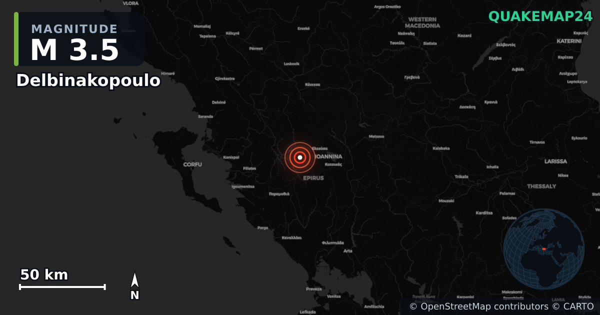 M3.5 earthquake near Delbinakopoulo on Jun 12, 2026 — map of epicenter and shaking intensity | QuakeMap24