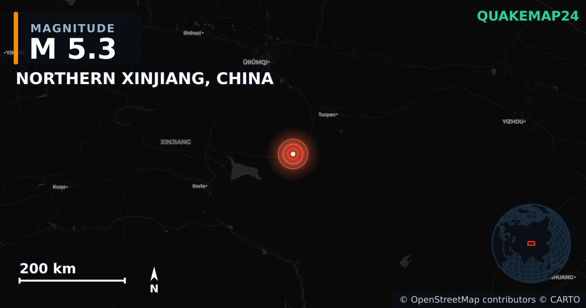 Erdbeben M5,3 bei NORTHERN XINJIANG, CHINA — Karte der Lage des Epizentrums