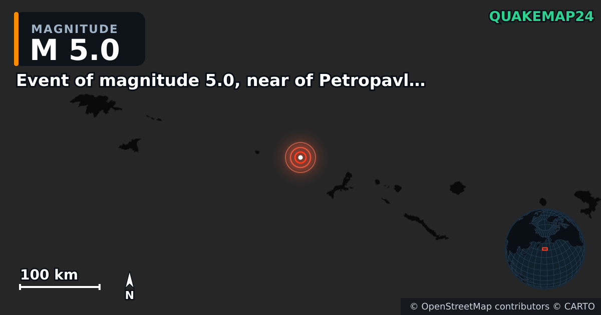 M5.0 earthquake near Event of magnitude 5.0, near of Petropavlovsk Kamchatskiy (Monde) on Mar 2, 2026 — map of epicenter and shaking intensity | QuakeMap24