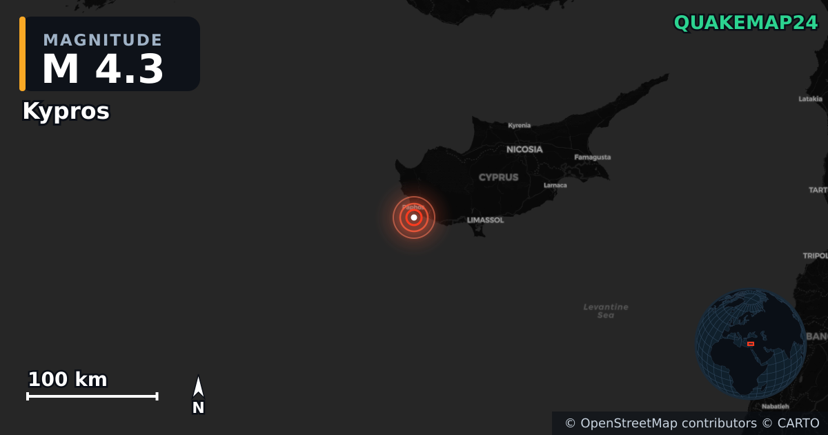 M4.3 earthquake near Kypros on Nov 13, 2025 — map of epicenter and shaking intensity | QuakeMap24